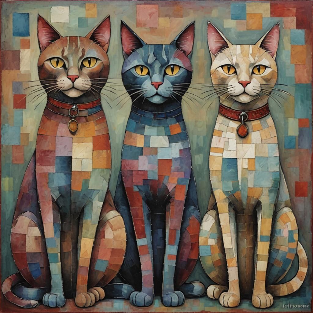 Three Cats Portrait in Neo-Impressionist Style