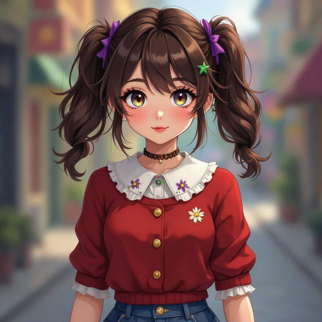 Anime Girl with Wolf Cut and Colorful Accessories