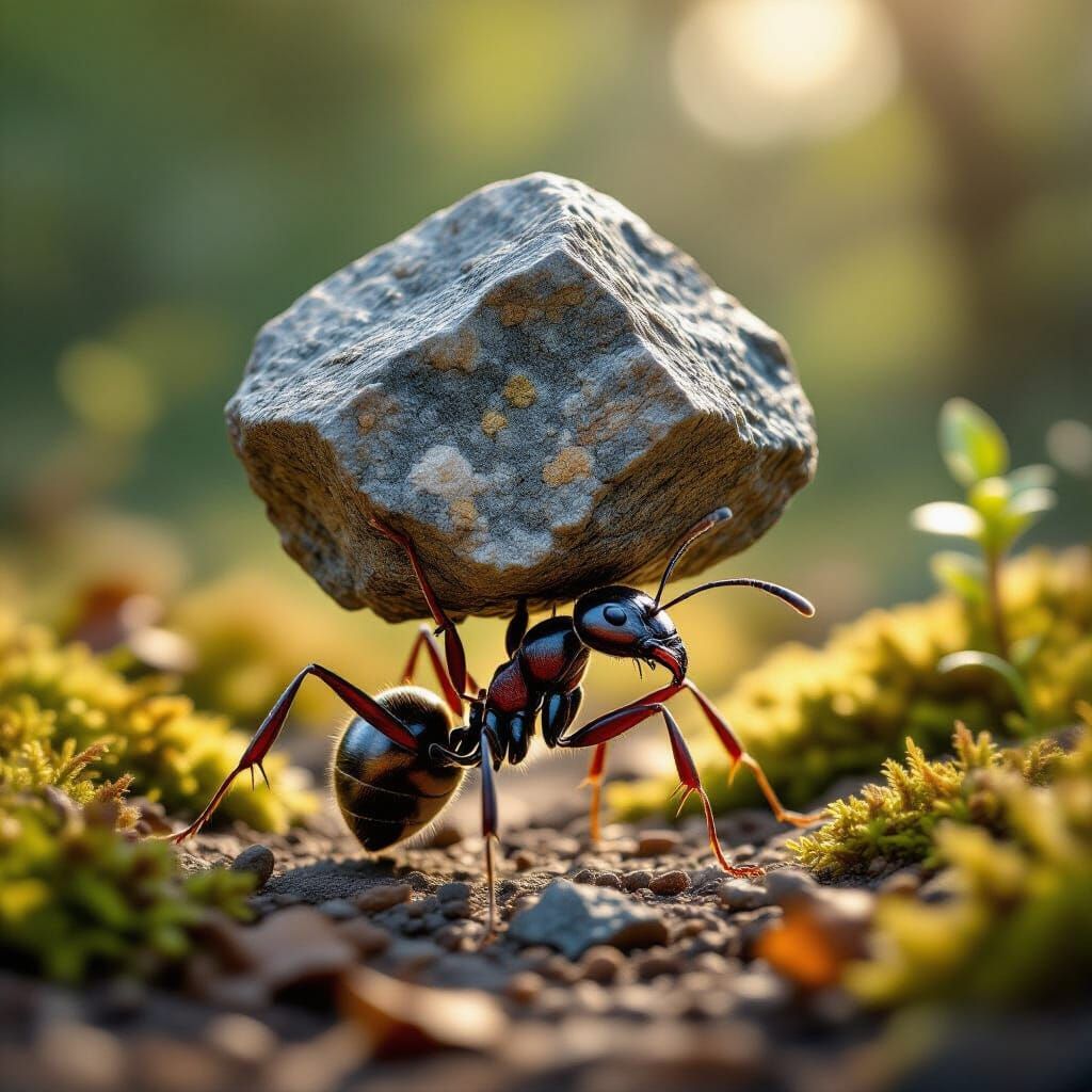 Hyperrealistic Ant Lifts Giant Boulder in Dramatic Sunlight
