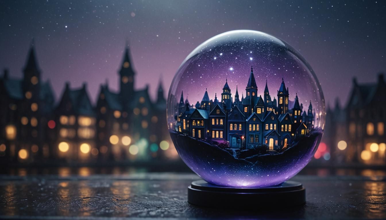 Enchanted Glass City in Globe Under Soft Starry Glow
