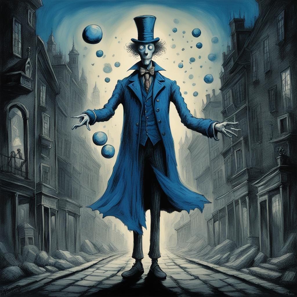 Blue Juggler in Dark City, Gothic Illustration
