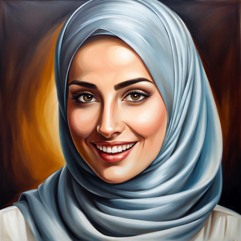 Elegant Smiling Woman in Hijab: Realistic Oil Painting