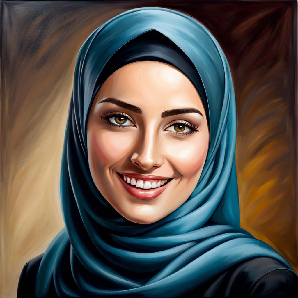 Elegant Smiling Woman in Hijab as Oil Painting