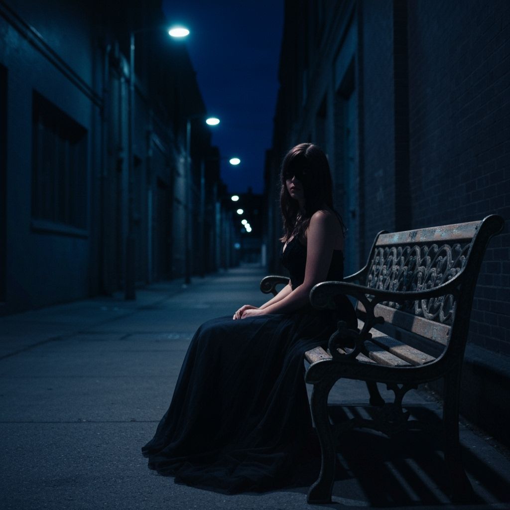 Melancholic Woman on Bench in Dark Alleyway