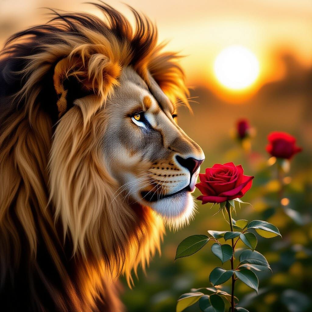 Majestic Lion Smelling Rose at Golden Hour
