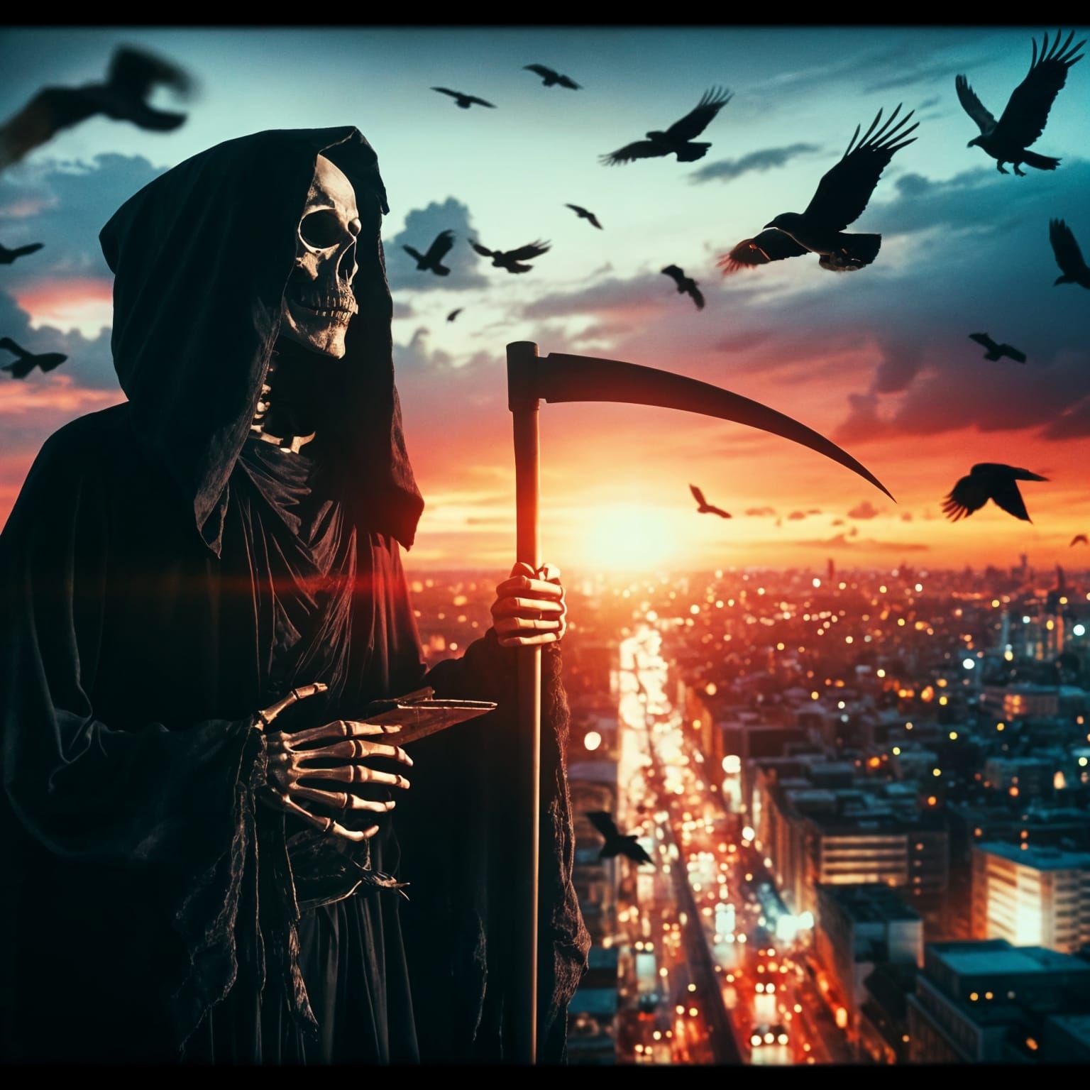 Epic Grim Reaper in City Sunset, Cinematic Style