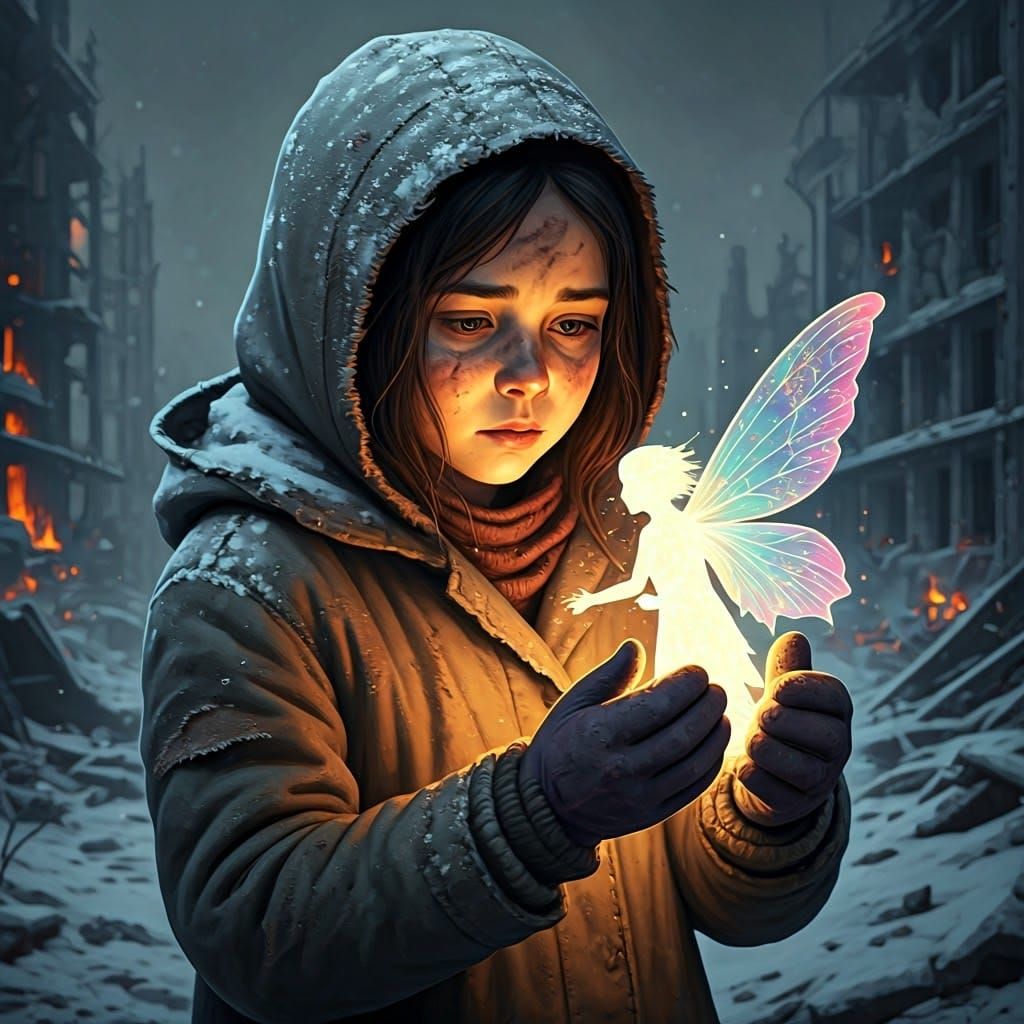 Girl with Fairy in War-Torn Cityscape