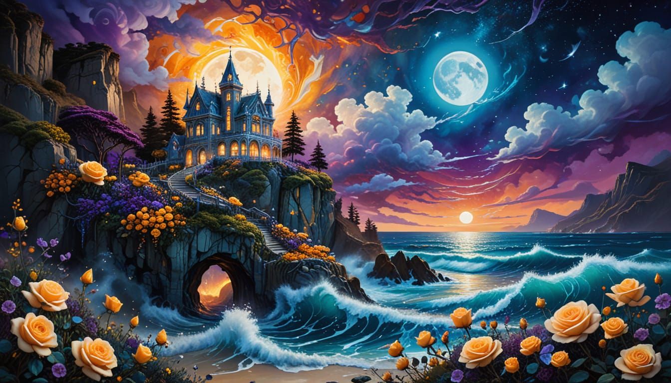 Surreal Coastal Mansion Unfolds Under Vibrant Moonlit Sky