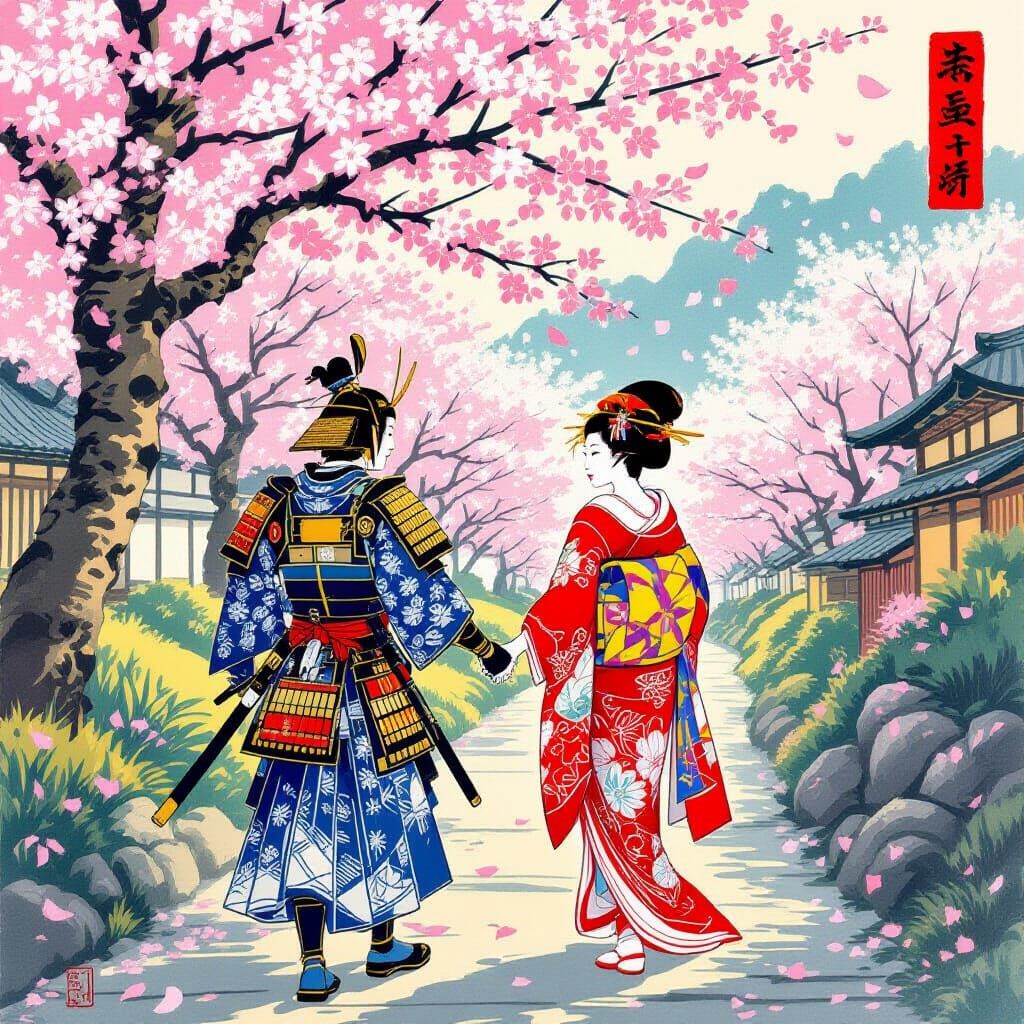 Samurai and Geisha Wander Through Blooming Sakura