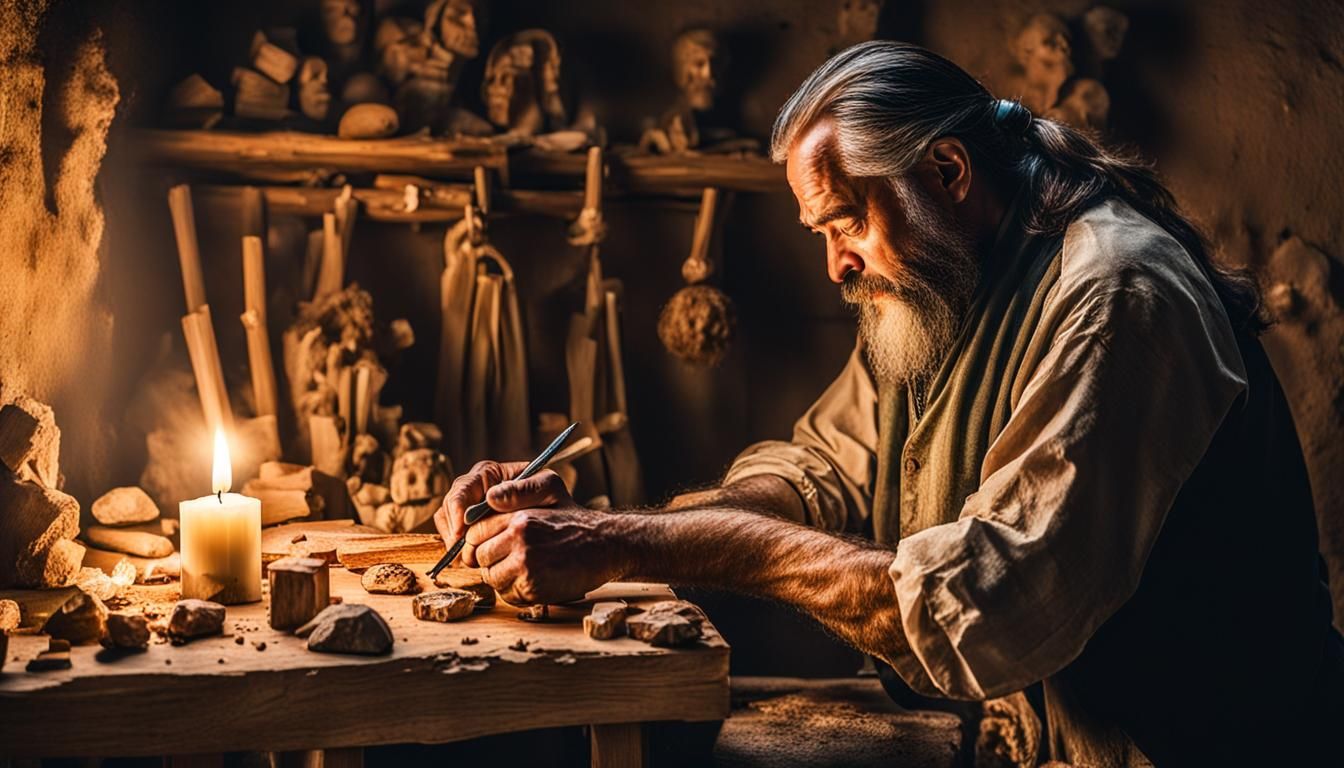 Wood Carver in Stone Room with Divine Light