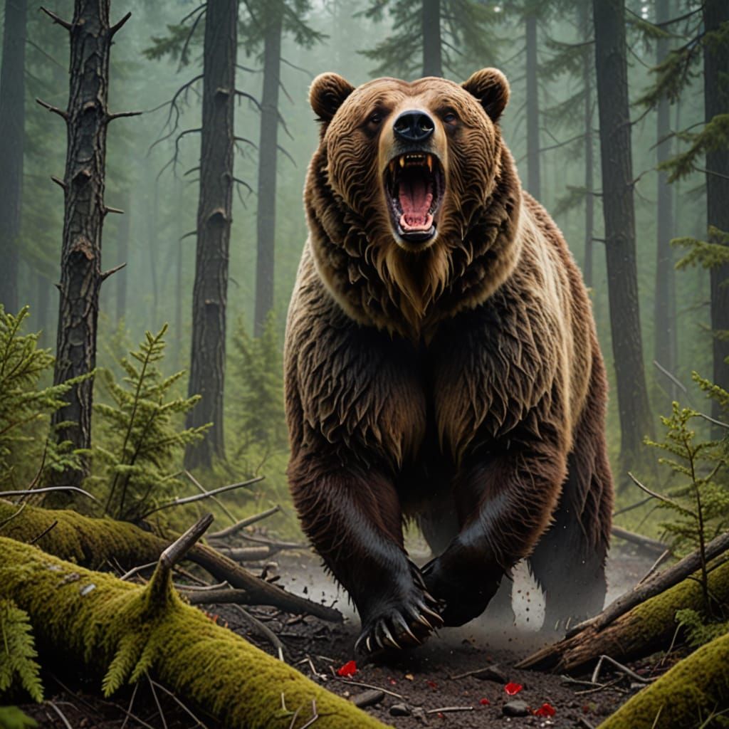 Dramatic Grizzly Bear in Primal Forest