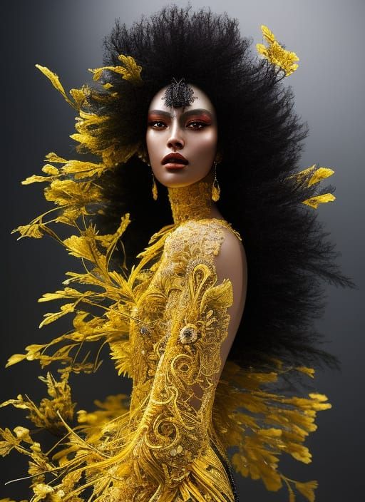 Intricate Black Humanoid in Yellow Lace Dress