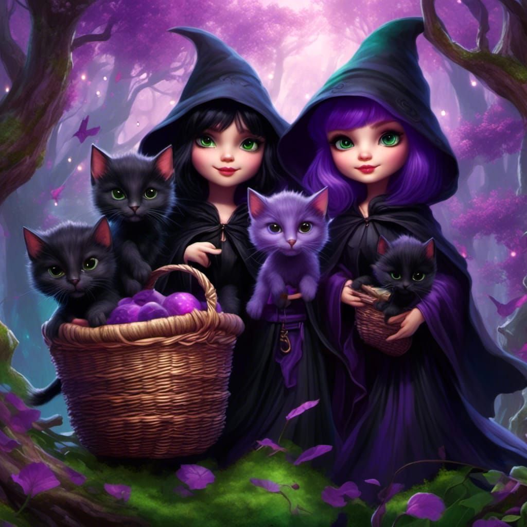 Three Little Witches with Kittens, Fantasy Art