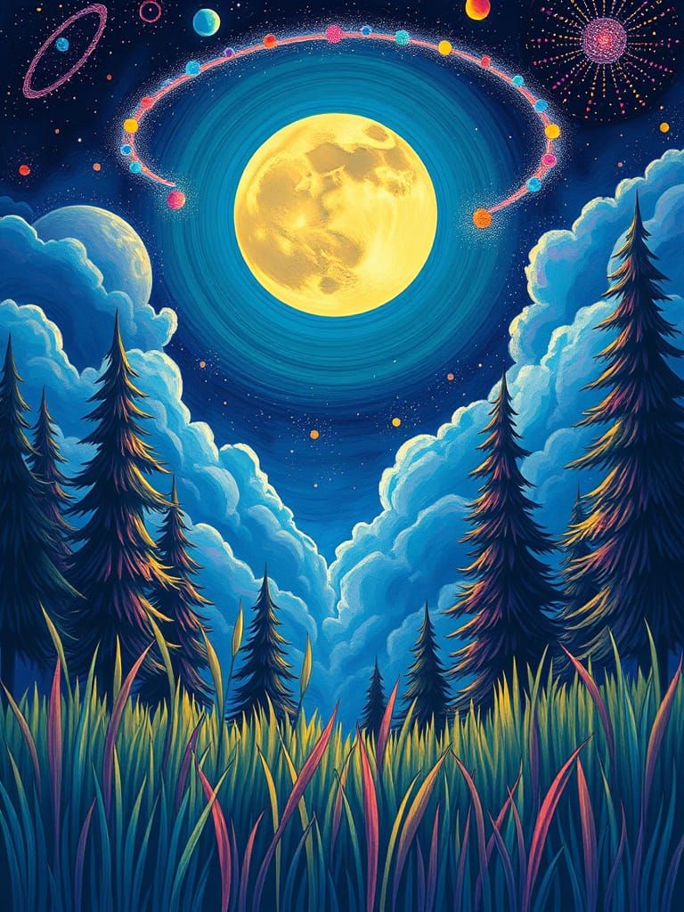 Crayon Night Sky Landscape in Surreal Style