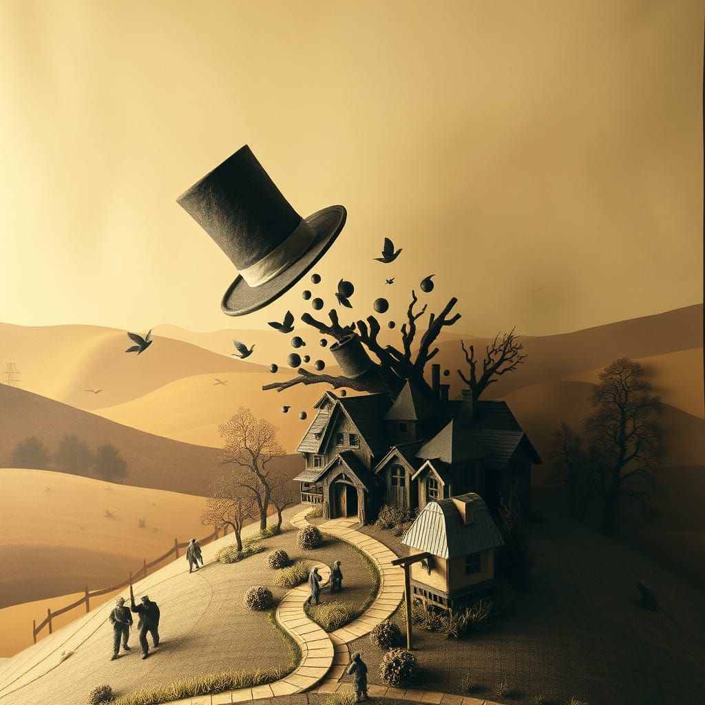 Victorian Sepia Photo: Flying Top Hat Eruption