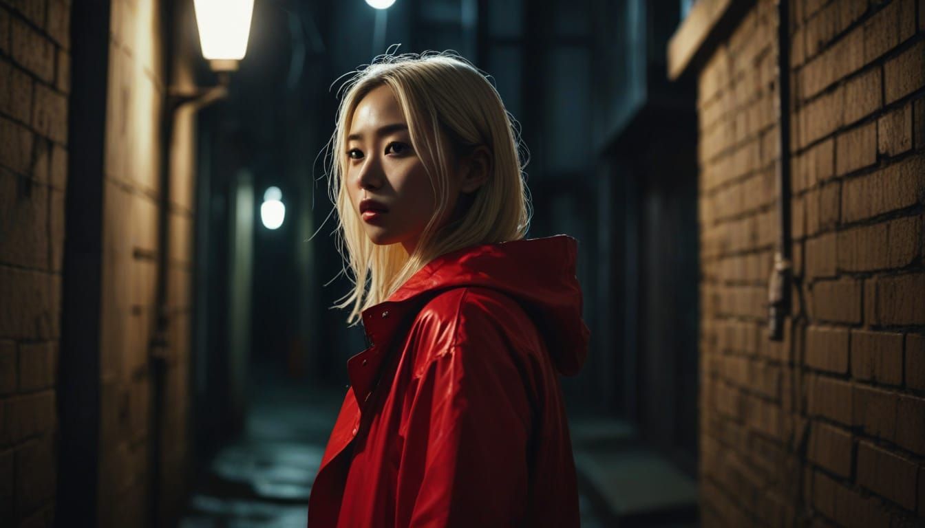 Mysterious Woman in Red: Cinematic Film Still