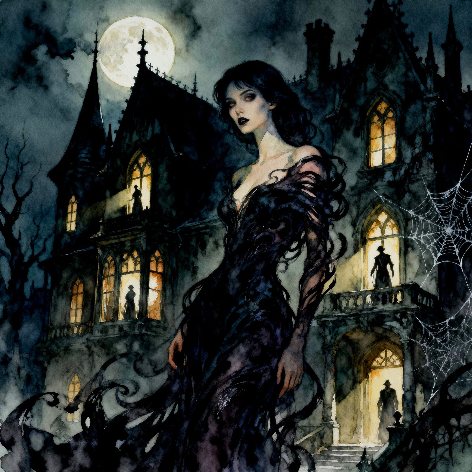 Surreal Gothic Woman of Watercolor Paint in Ancient Mansion