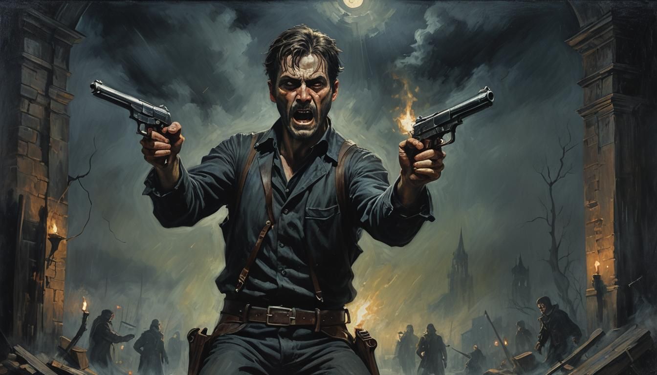 Ominous Dark Fantasy Man Fires Pistol in Fear