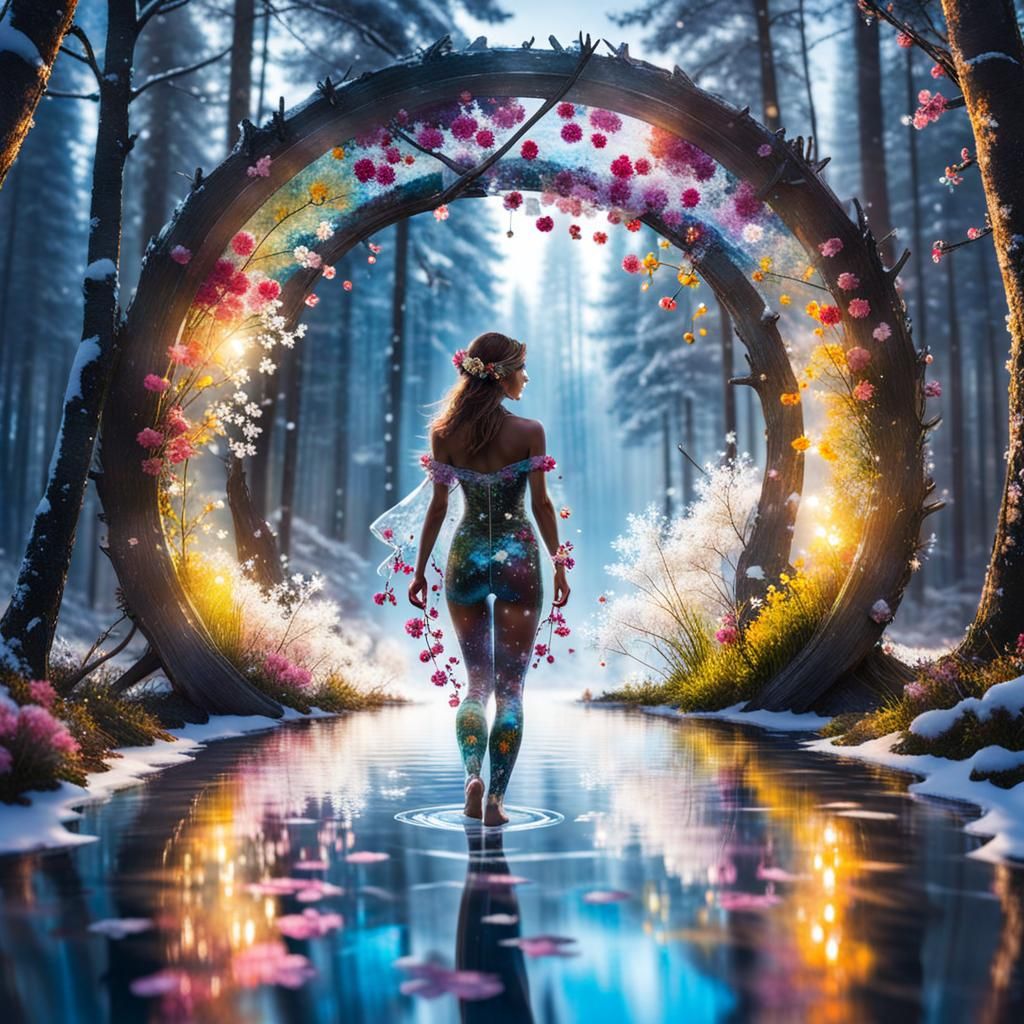 Crystal Flower Woman in Snowy Landscape