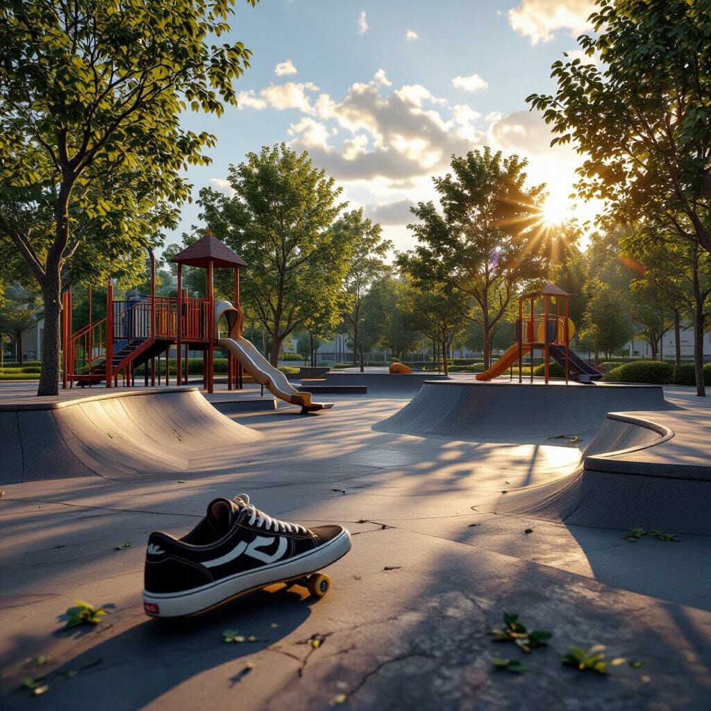 Lost Skatepark with Single Shoe, Photorealistic 8K