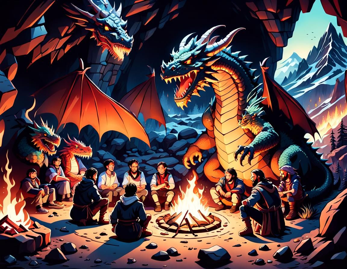 Cartoon Adventurers Roast Meat by Campfire with Dragon