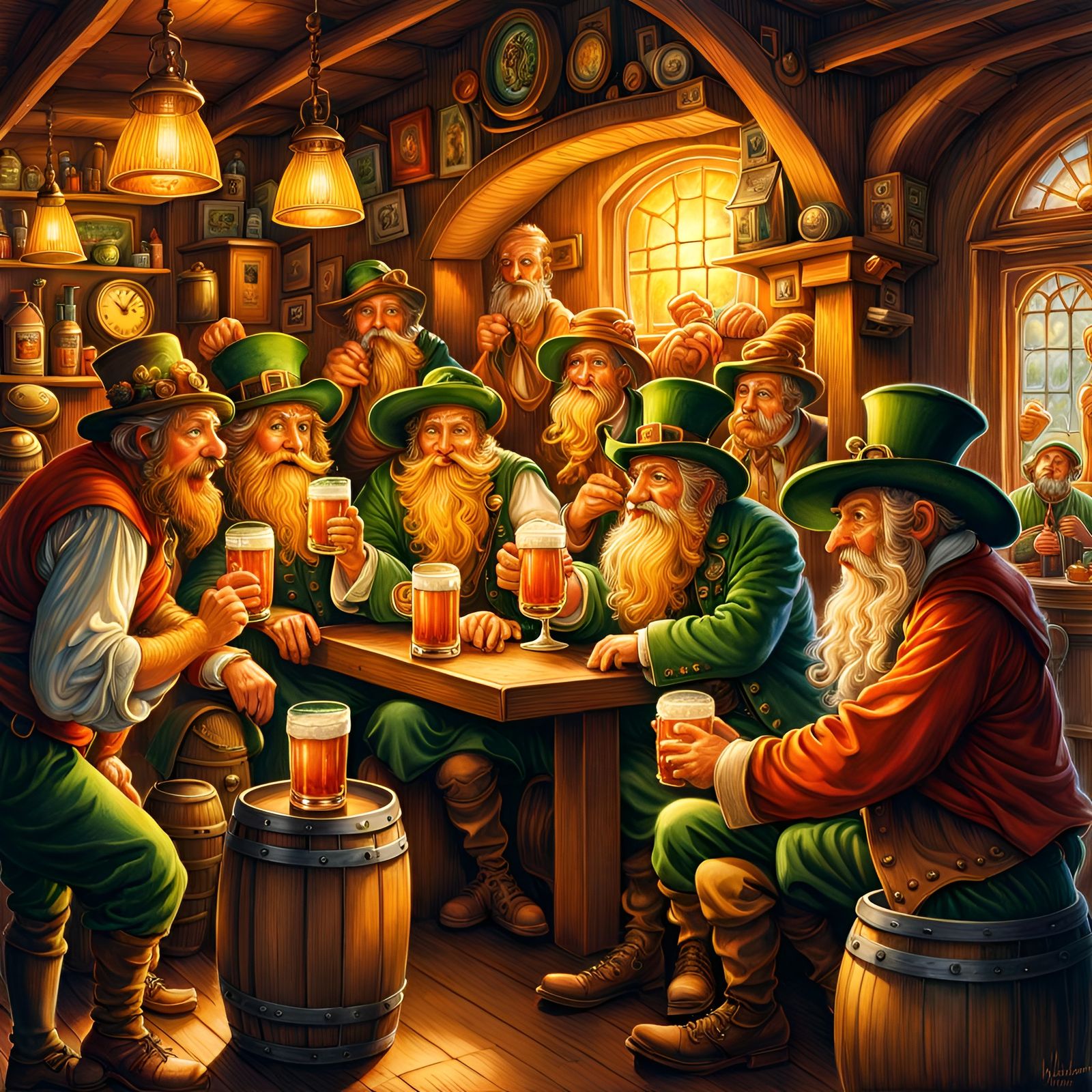 Hyperrealistic Leprechauns Enjoying Beer in Pub, Detailed Ar...