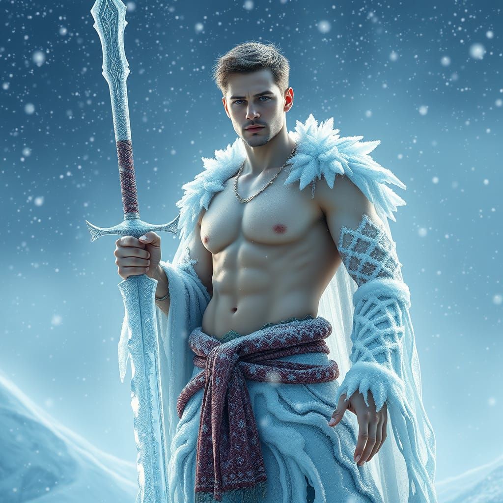 Ethereal Ice God Wields Crystal Sword in Serene Winter Lands...
