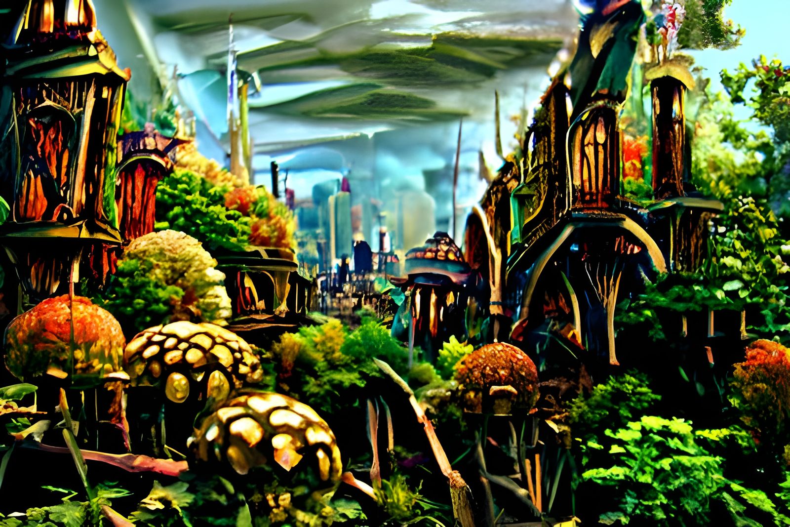 Elfpunk Cityscape of Treehouses in Fantasy Forest