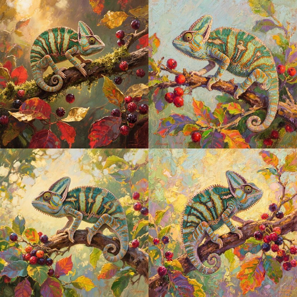 Zebra Chameleon on Branch with Colorful Flora