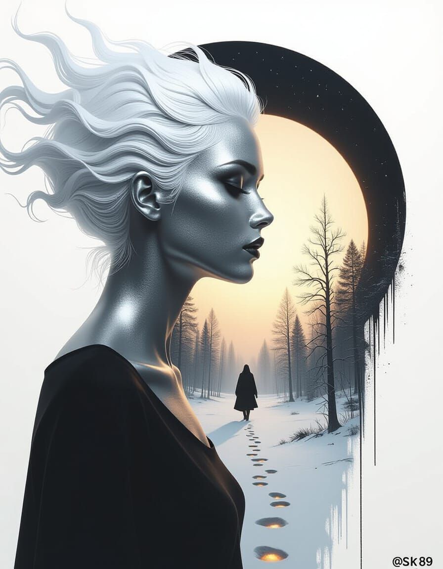 Metallic Figure in Winter Forest: Chrome and Ash Aesthetic