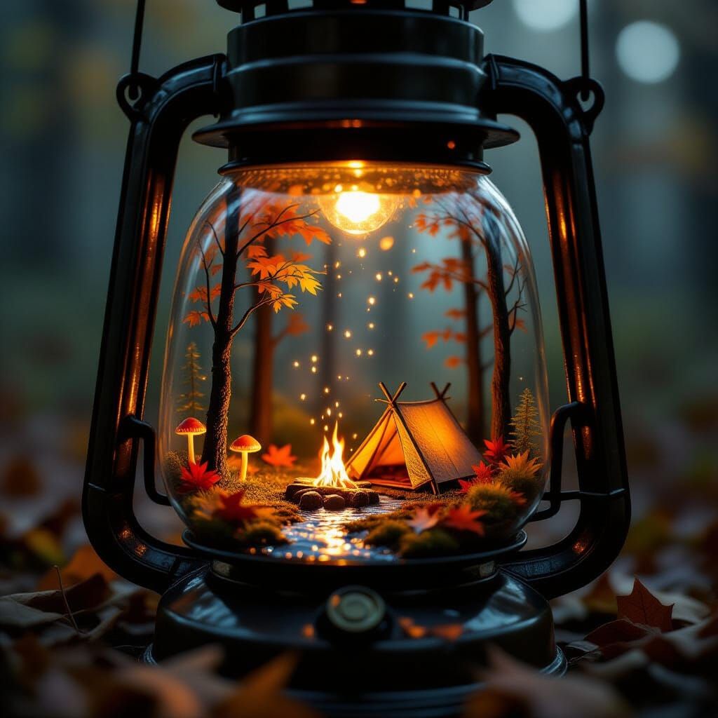 Miniature Autumn Forest Scene Inside Lantern, Dreamlike Atmo...