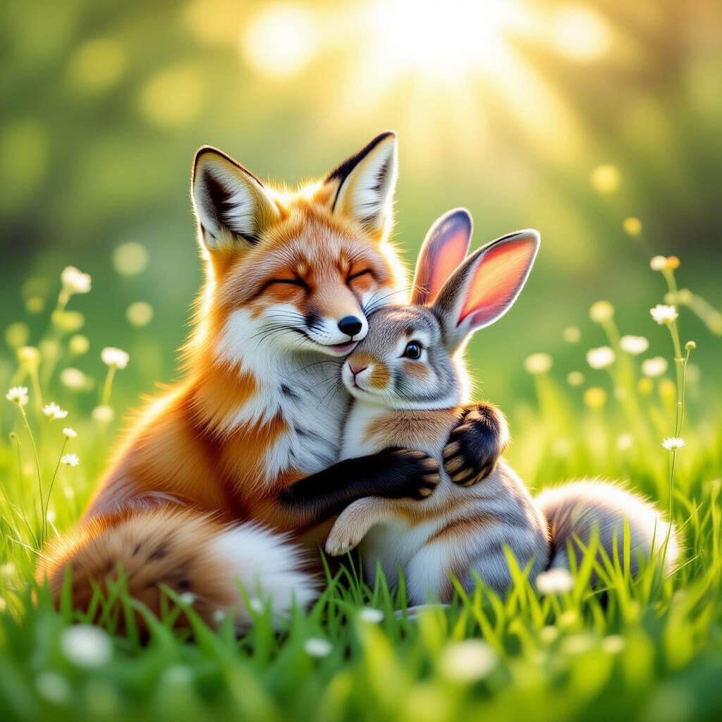 Fox and Rabbit Embracing in Sunny Meadow