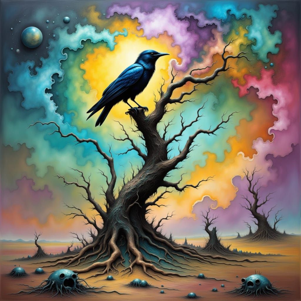 Chrome Raven in Wasteland, Hyperrealistic Art