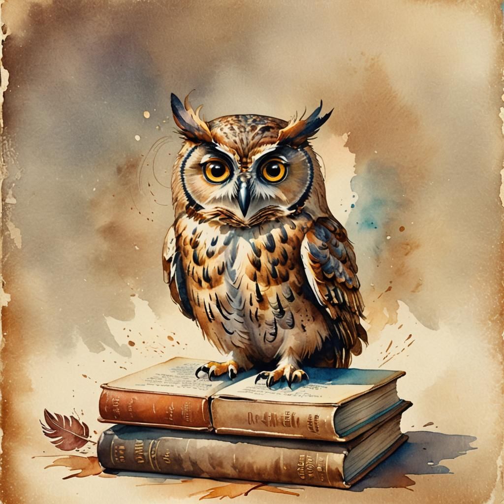 Whimsical Owl Reading a Book in Watercolor Style