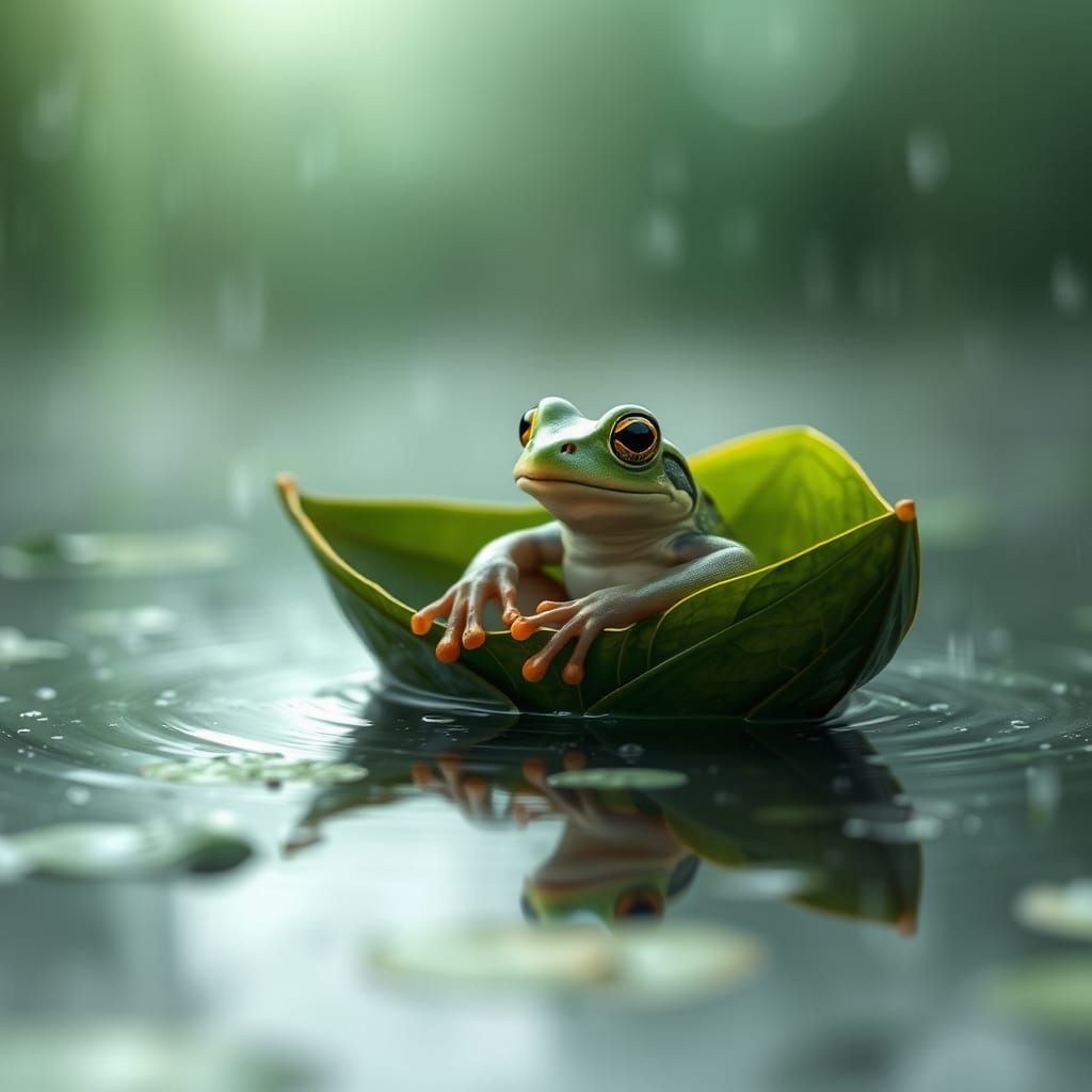 Frog in Leaf Boat on Misty Pond