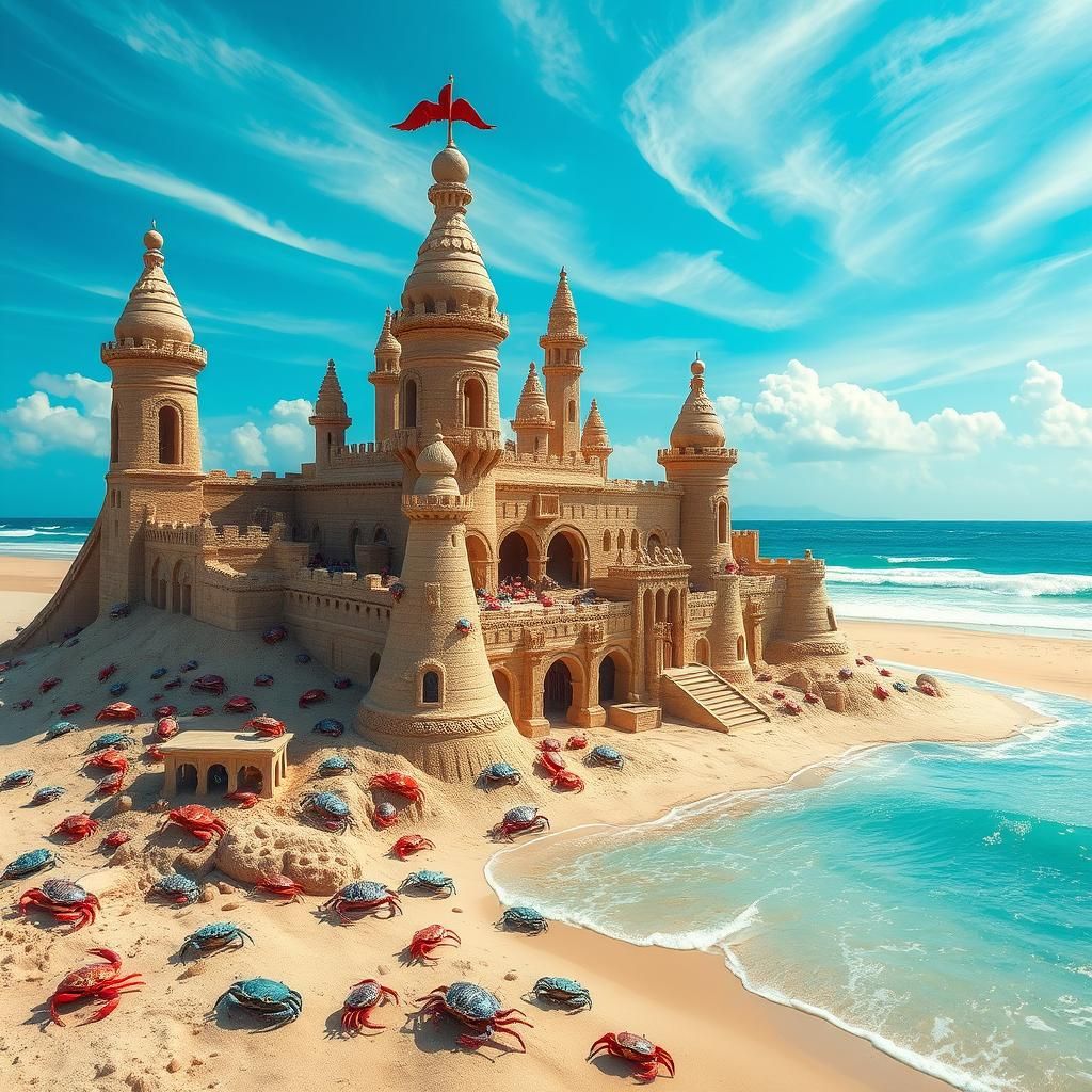Intricate Sand Castle City Inhabited by Crabs