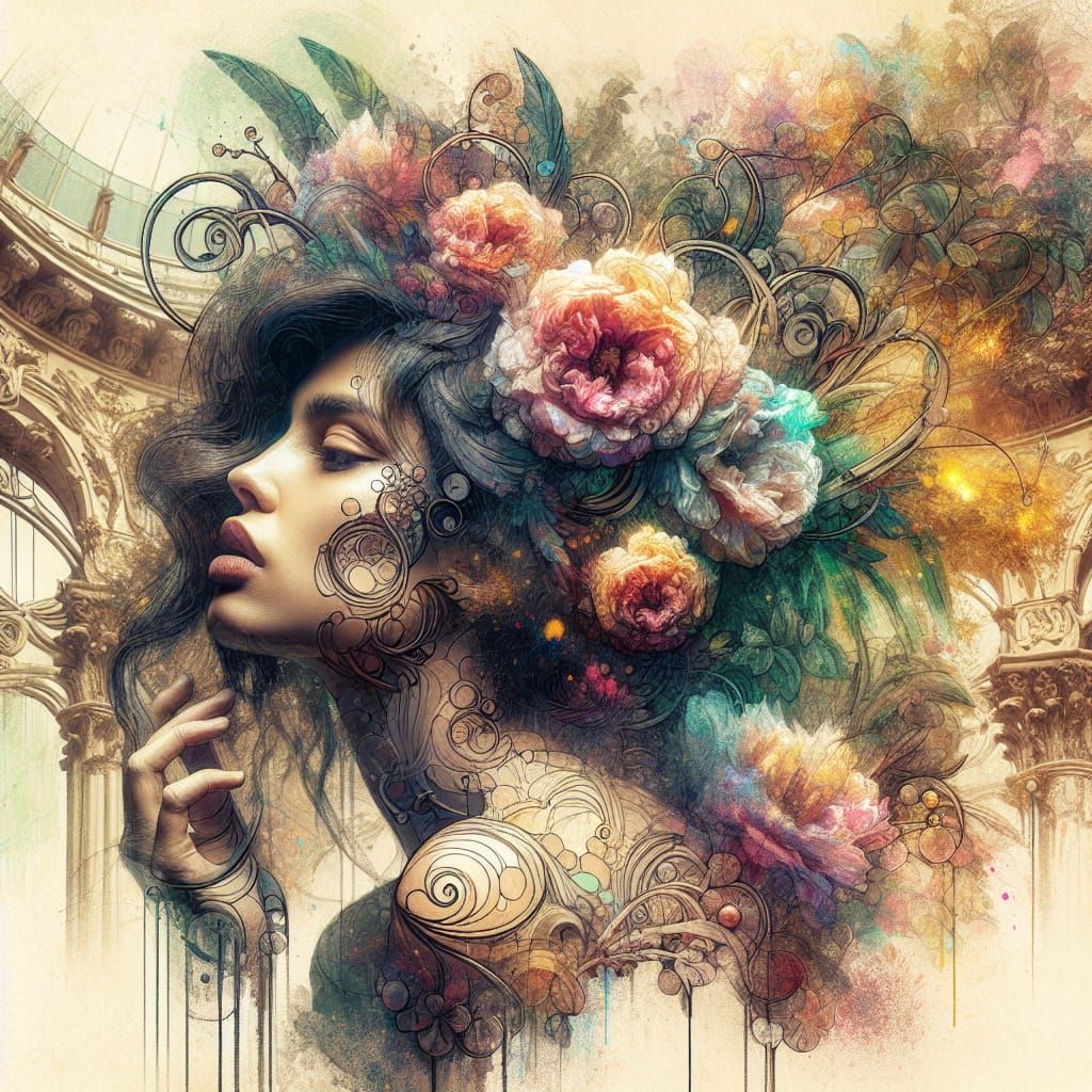 Woman with Flowers in Double Exposure Art Nouveau