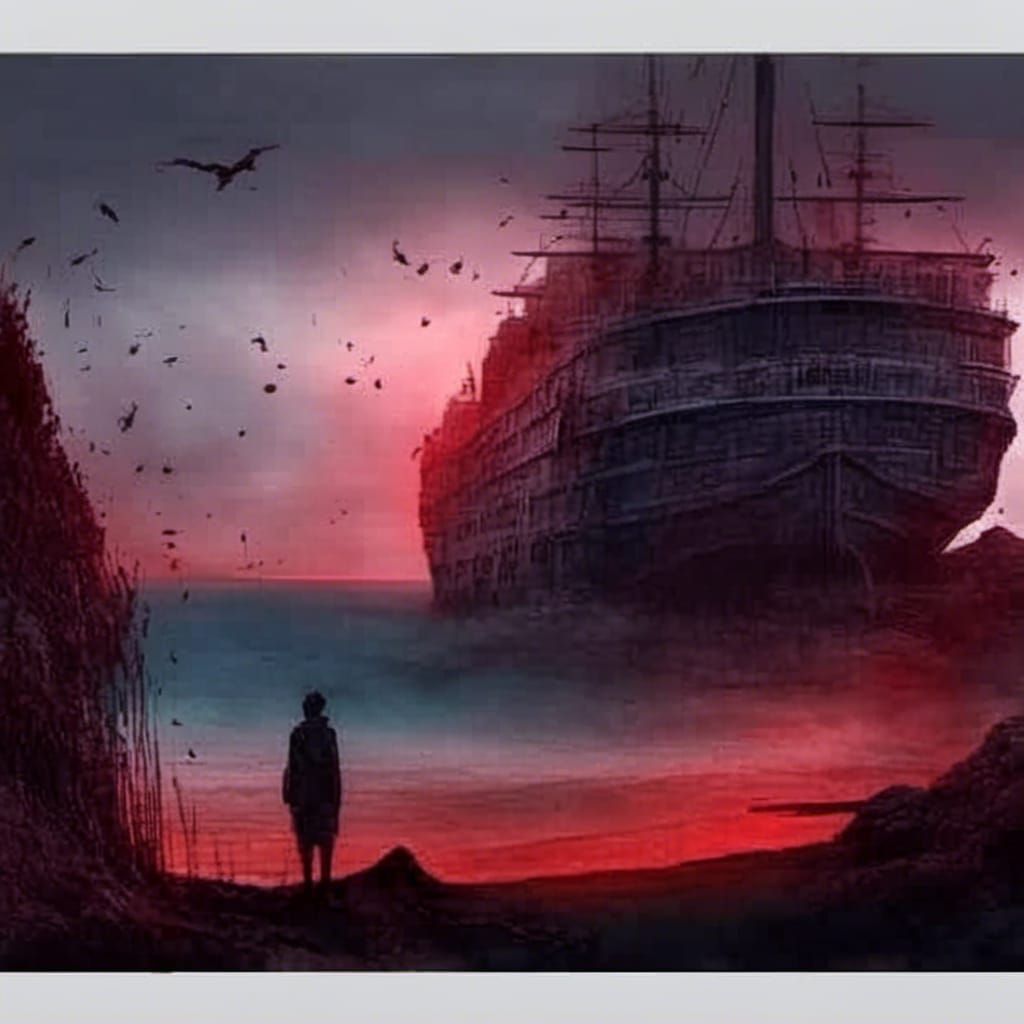 Surreal Beach Head Ship Double Exposure Splash Art