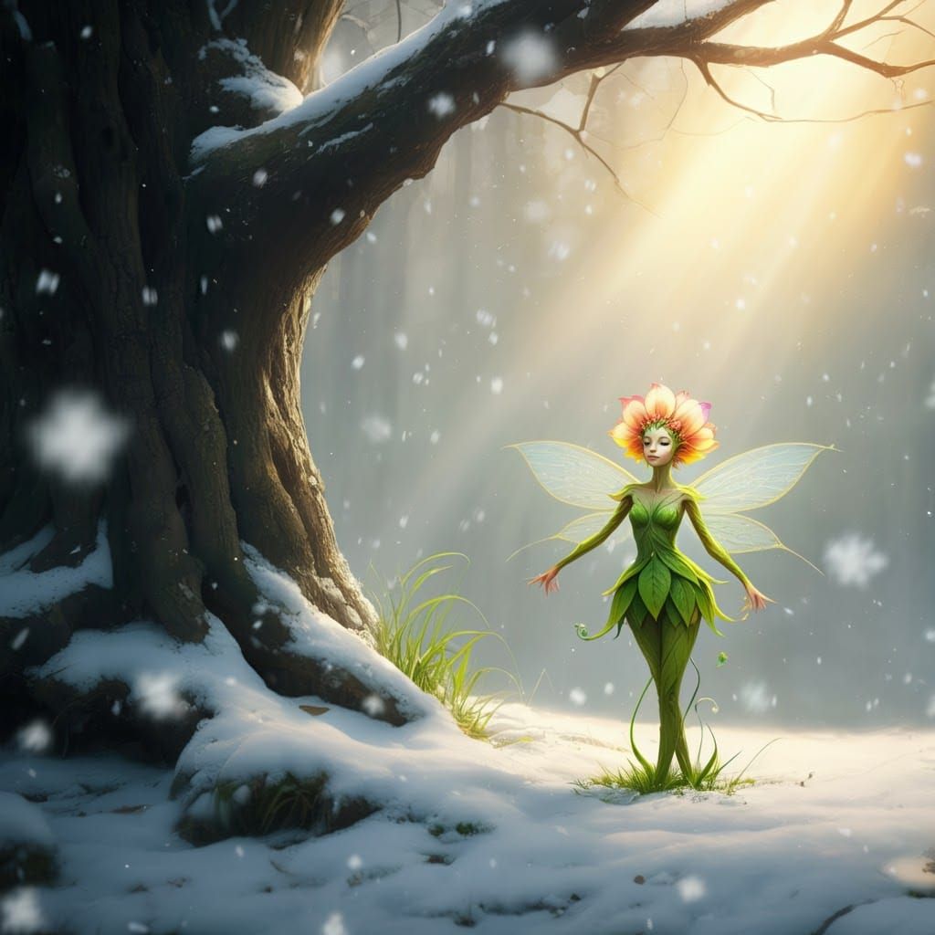 Blooming Fairy Flower in Winter Forest Landscape