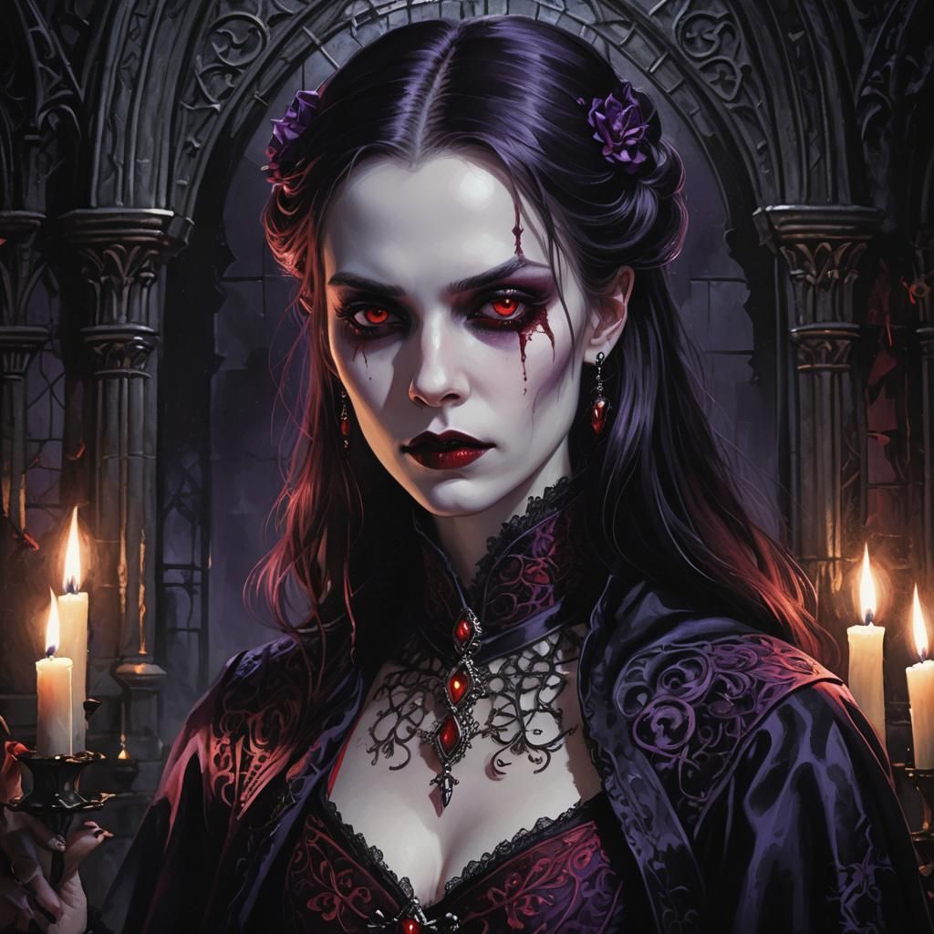 Gothic Vampire in Shadowy, Candlelit Portrait