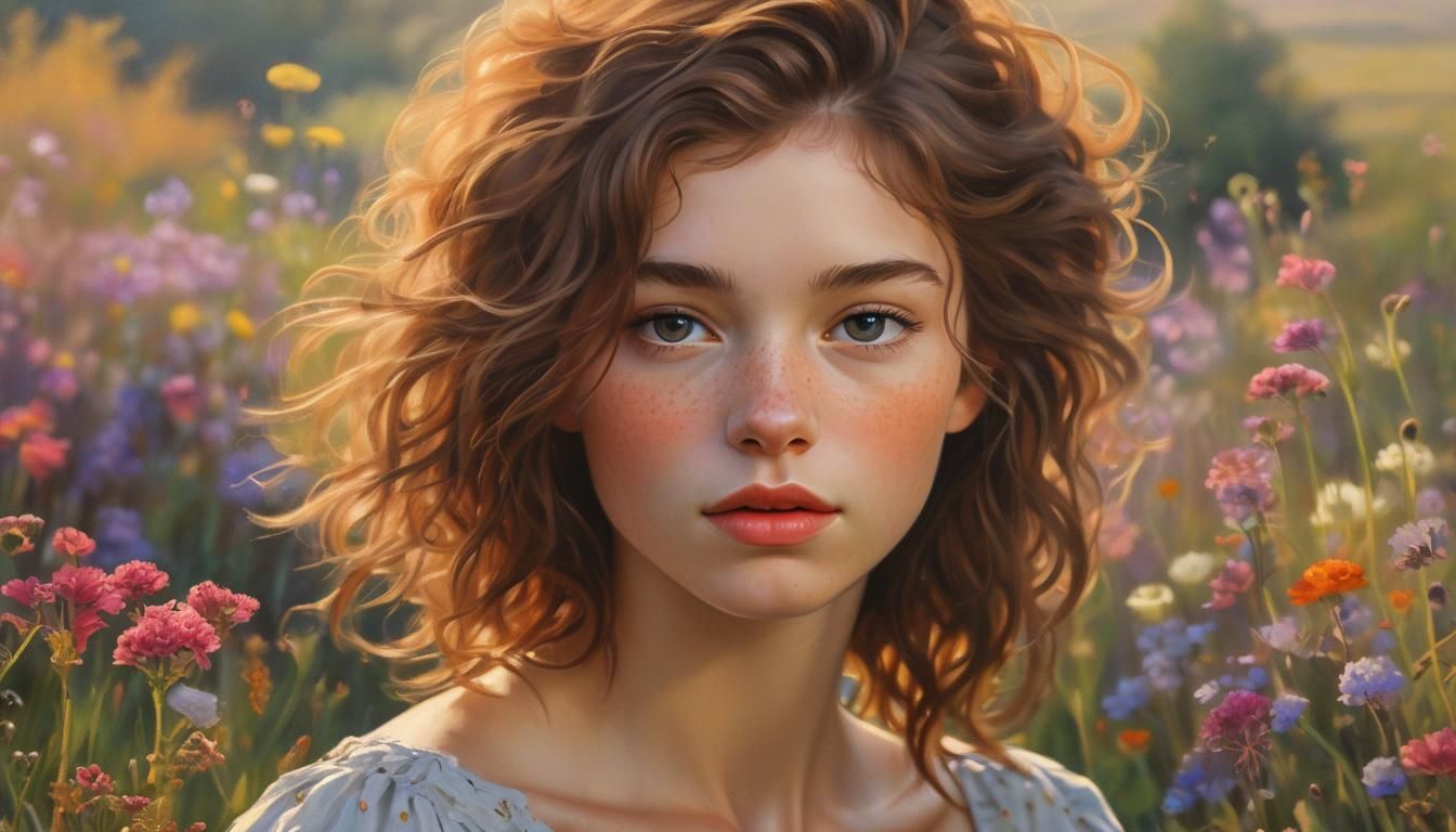 Young Woman in Wildflower Field: Oil Painting