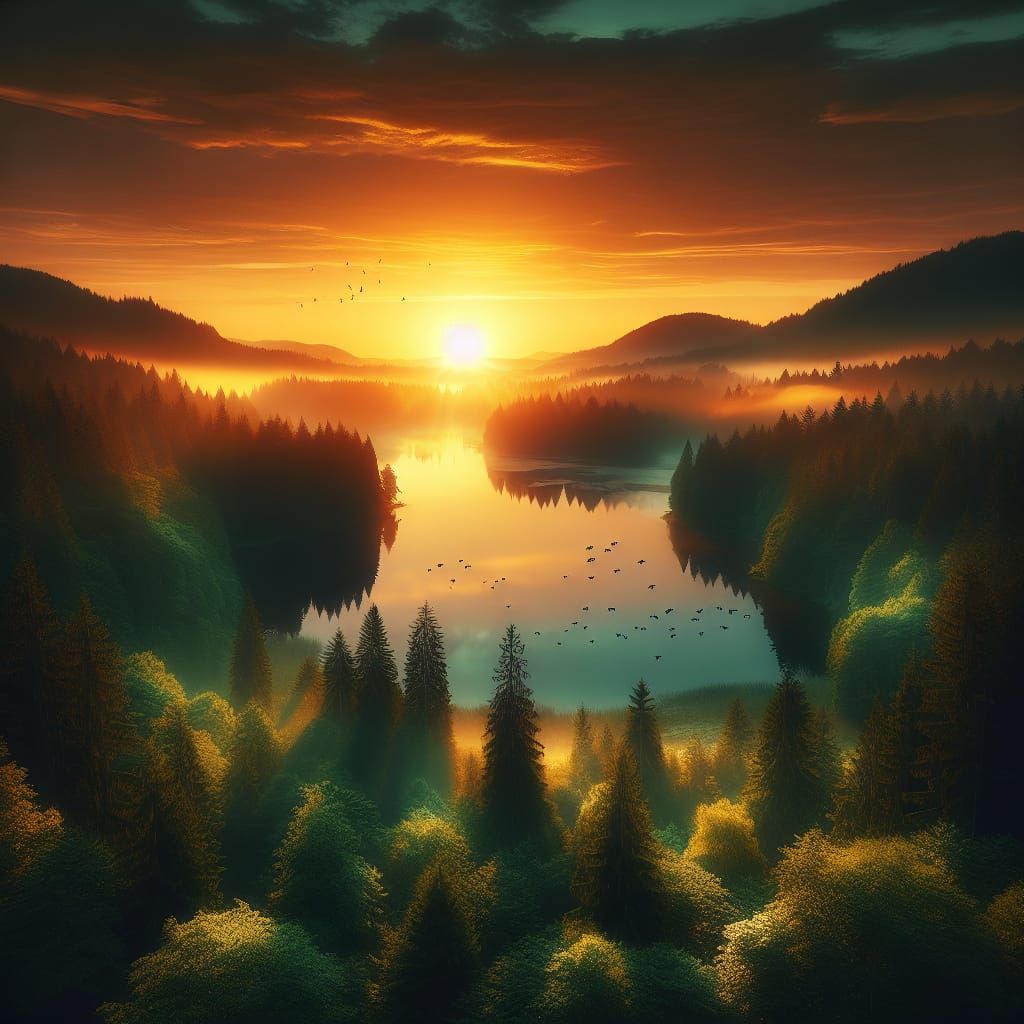 Golden Sunrise Over Forest and Lake