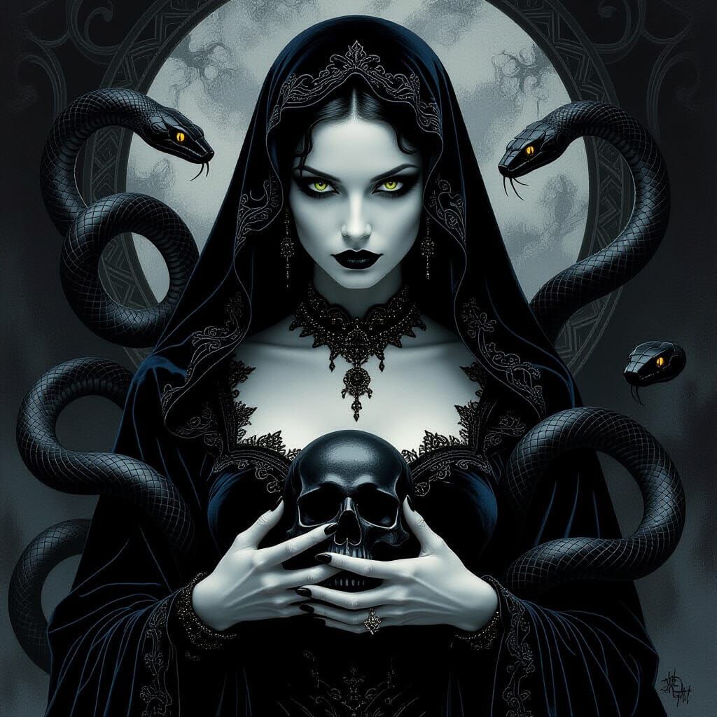 Gothic Lady with Snakes and Skull