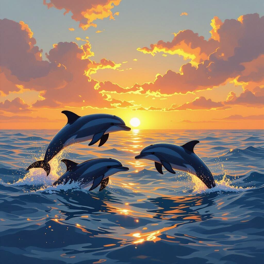 Magical Sunset Scene with Dolphins Swimming