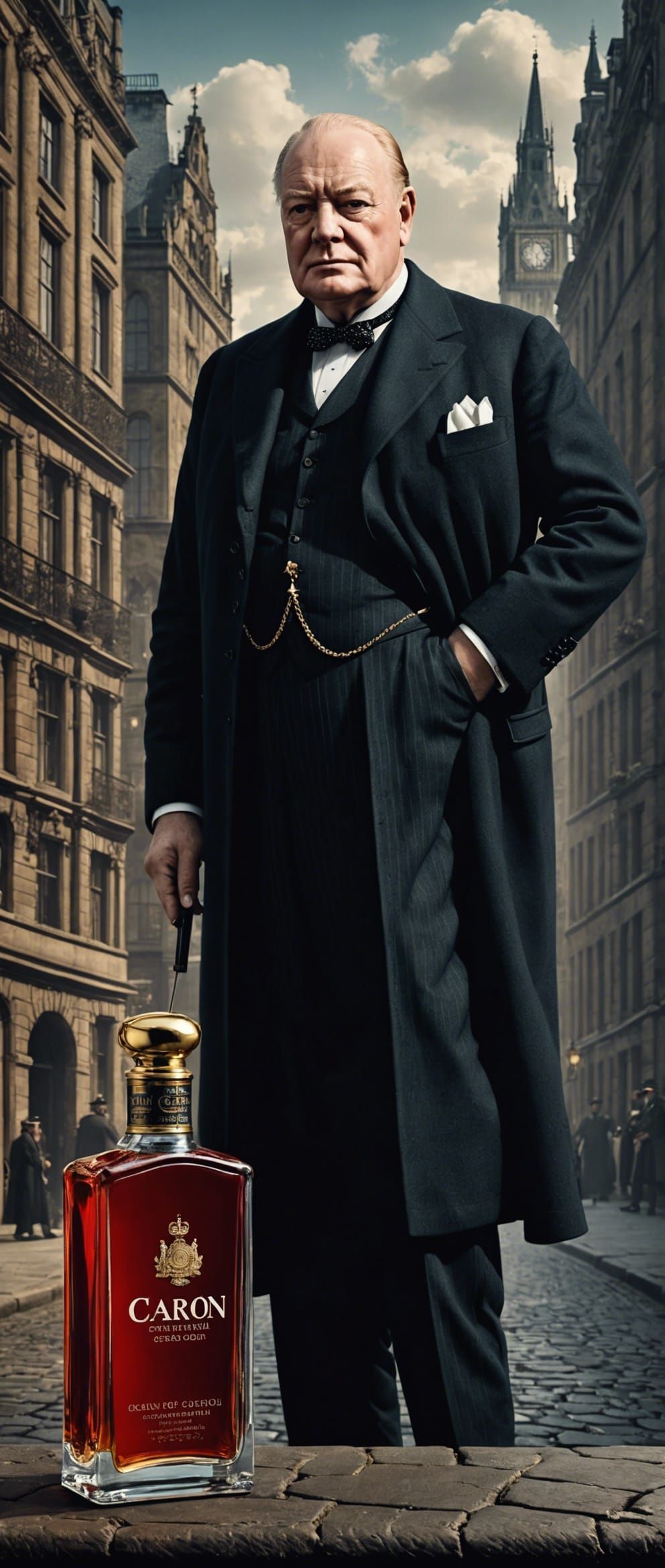 Advertisment of a cologne named Caron from 1920s with Sir Winston Churchill as model.