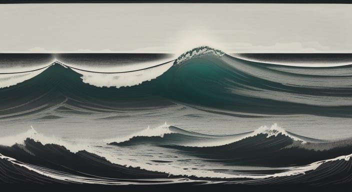 Woodcut Art of Stacked Ocean, Horizon, and Sky