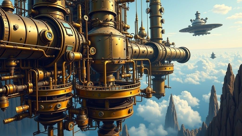 Steampunk Metropolis Orbiting Earth as Gouache Painting