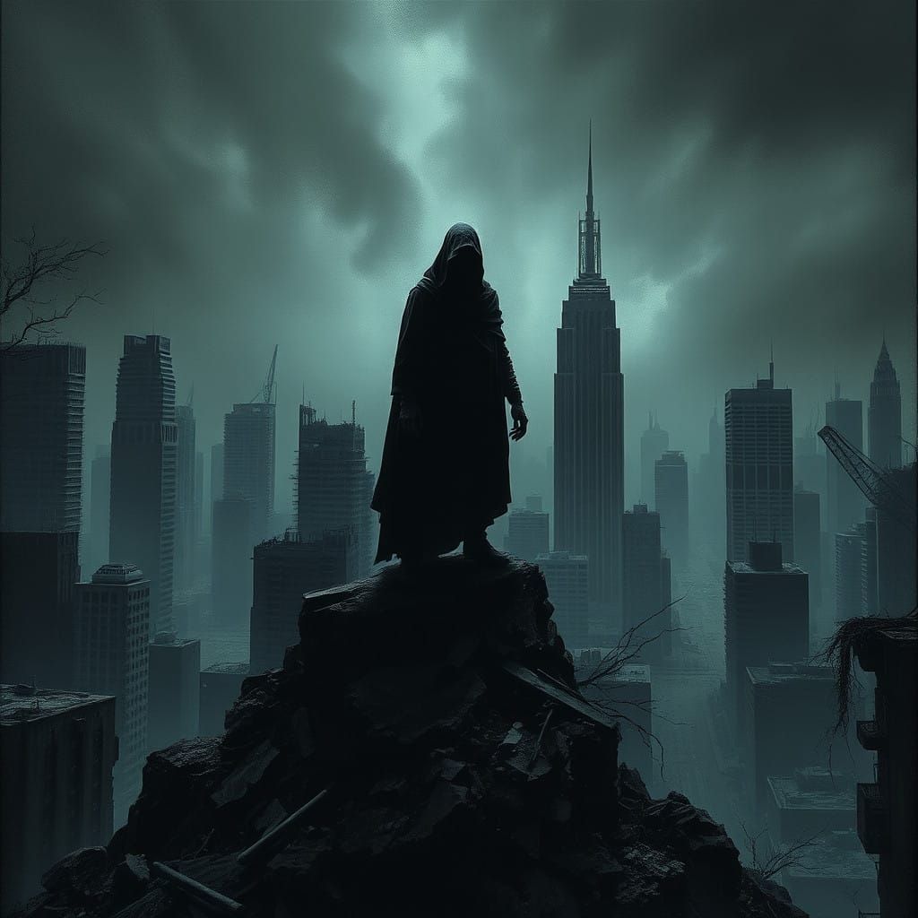 Foreboding Ruins of a Dystopian Metropolis in Dark, Haunting...
