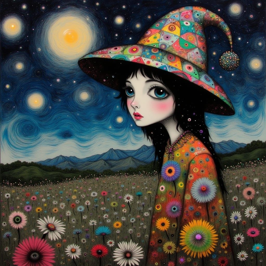 Mystical Bohemian Goddess in Whimsical Carnival Scene