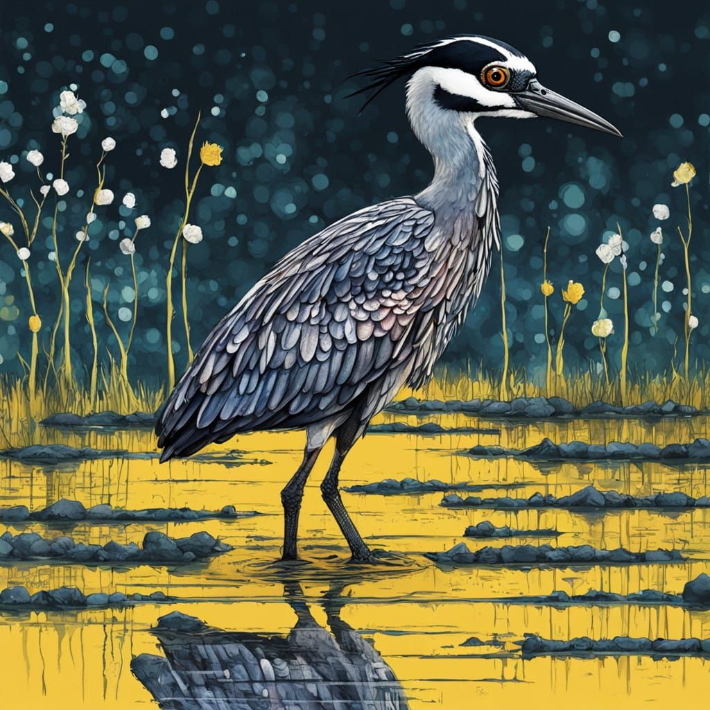 A Majestic Yellow-crowned Night Heron in Vibrant Floral Wetl...
